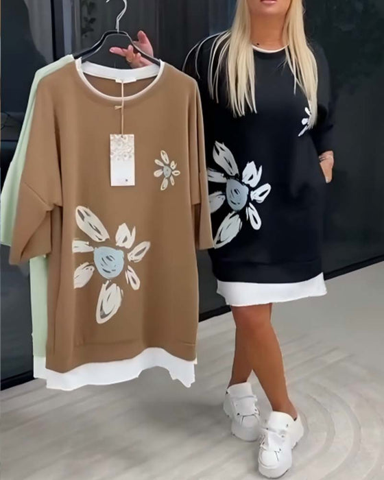 Crew Neck Printed Patchwork Sweatshirt Dress