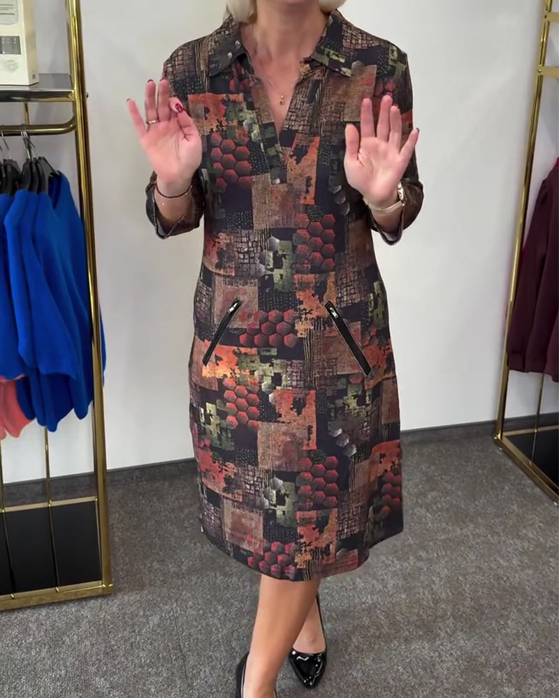 Lapel Vintage Print Short-Sleeved Dress