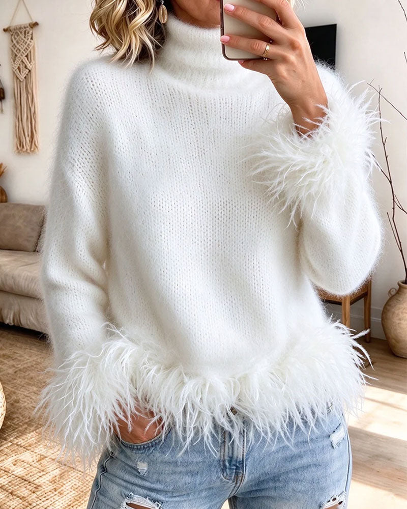 Turtleneck Feather Patchwork Cuff Pullover