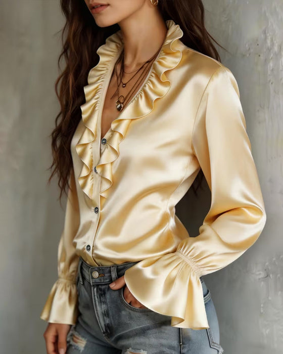 Ruffle V-Neck Button Long Sleeve Shirt