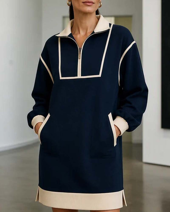 Half Zip Long Sleeve Color Block Short Dress