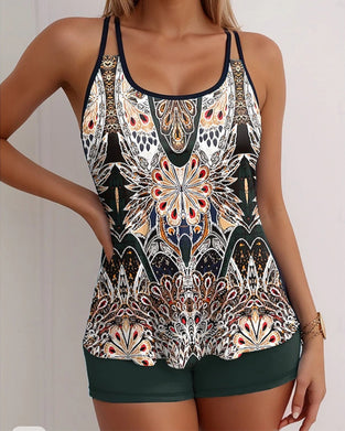 Flesh-covering Suspender Print Two-piece Swimsuit