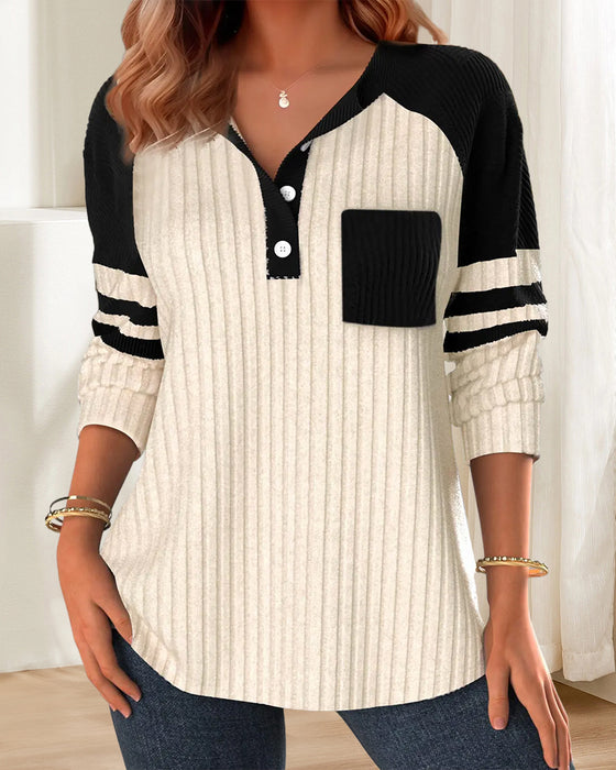 Casual color block button long sleeve sweatshirt