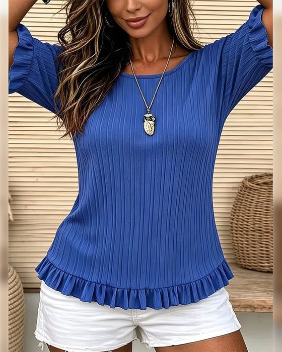 Round Neck Ruffled Ribbed Top