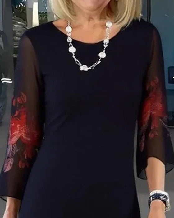 Crew Neck Sheer Floral Loose Dress
