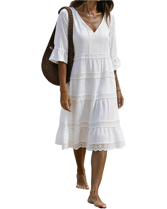 V-Neck Lace Patchwork Medium Sleeve Dress