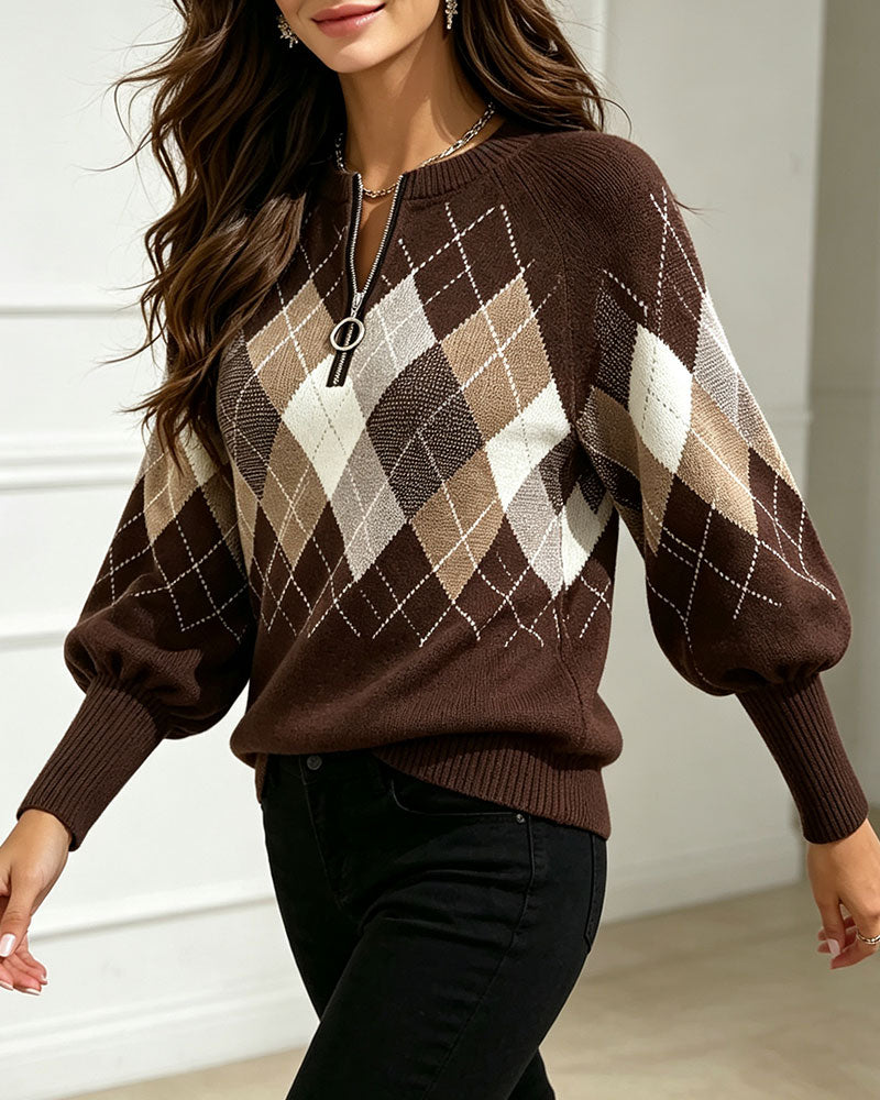 Plaid Jacquard Half-Zip Lantern Sleeve Pullover