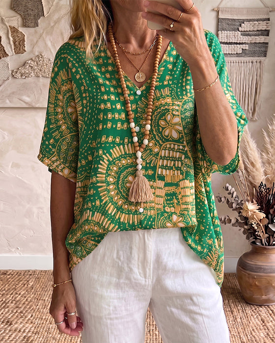 Ethnic Print V-Neck Blouse