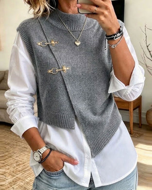 Half Turtleneck Diagonal Buttoned pullover Vest Set