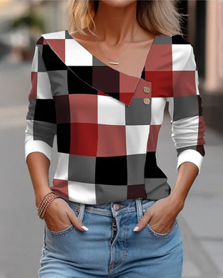 V Neck Plaid Top with Buttons