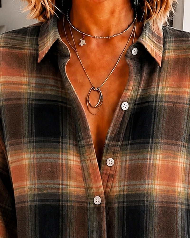Lapel Checkered Long Sleeve Shirt