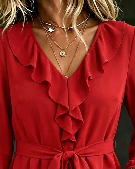 V-Neck Ruffle Casual Blouse