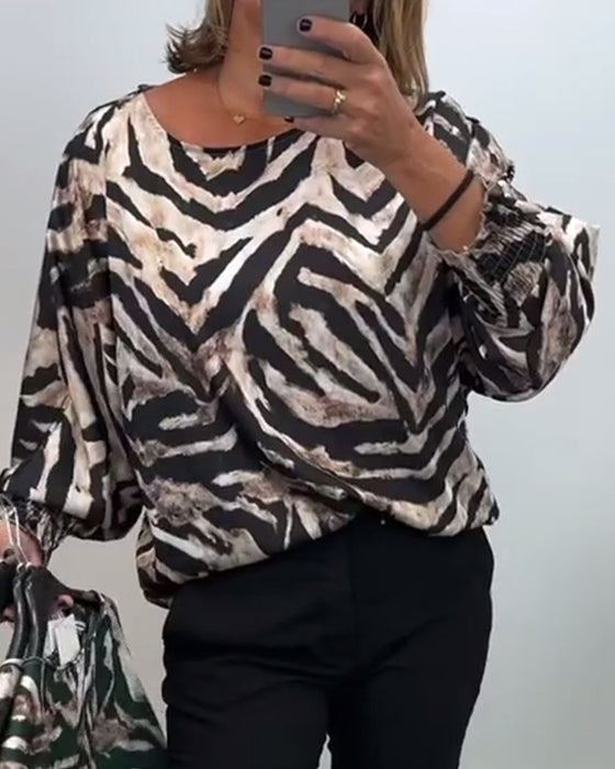 Casual zebra print round neck lantern sleeve blouse