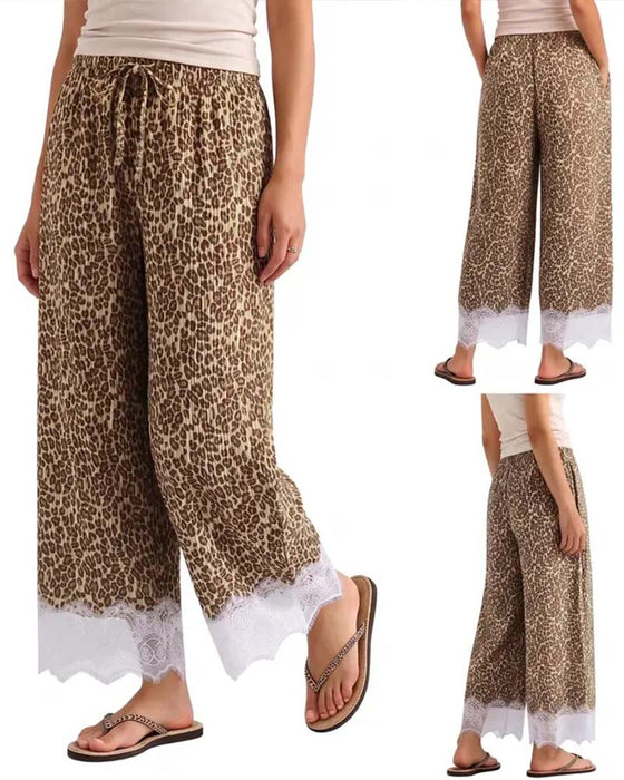 Elastic Waist Leopard Print Lace Spliced Wide-Leg Pants