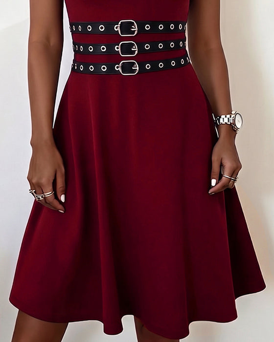 Square Neck Strappy Metal Ring Sleeveless Dress
