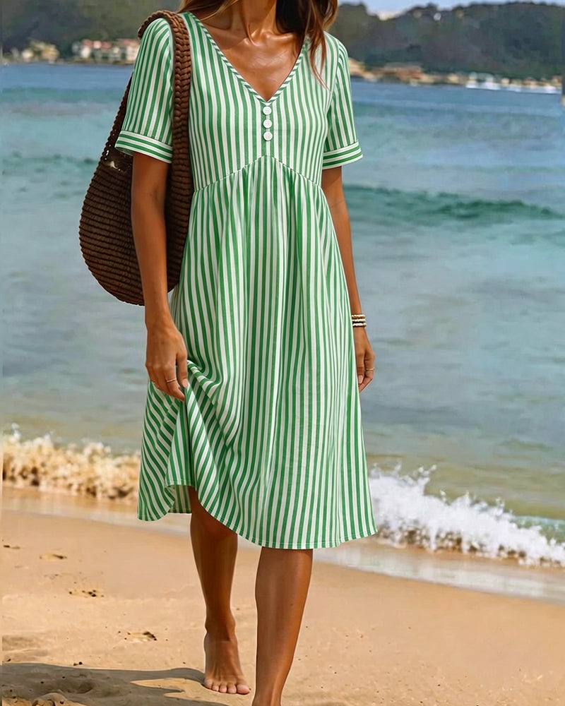 Vertical Stripe Babydoll V Neck A Line Dress