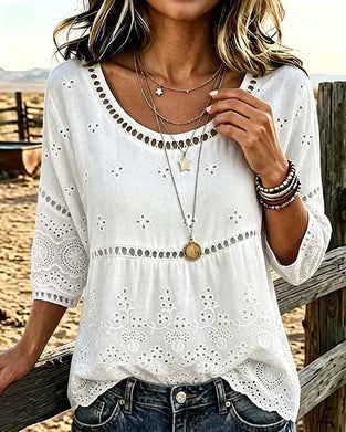 Crew Neck Hollow Out Solid Blouse