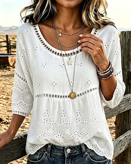 Crew Neck Hollow Out Solid Blouse