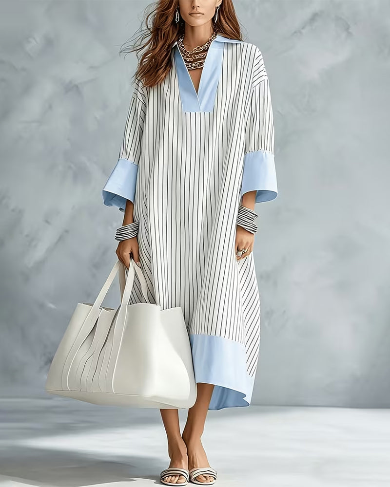 Color Block Striped Shirt Long Dress