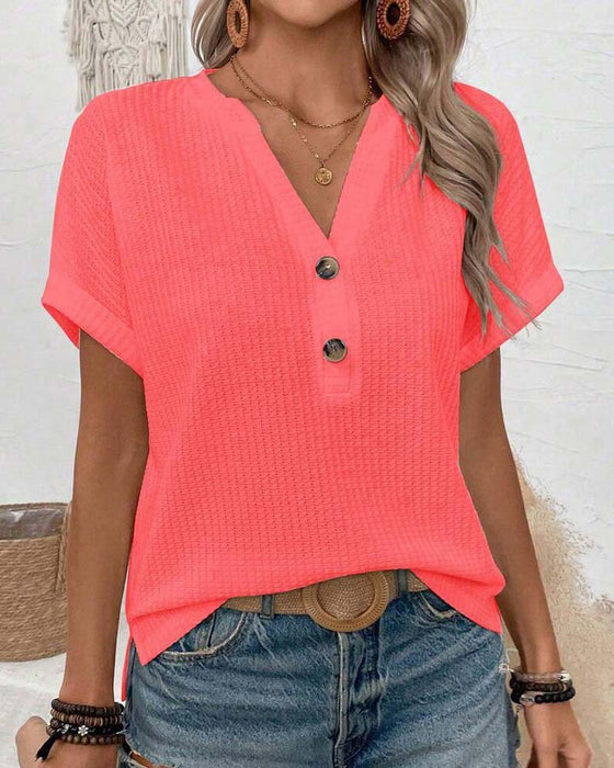 Waffle V-Neck Button T-Shirt