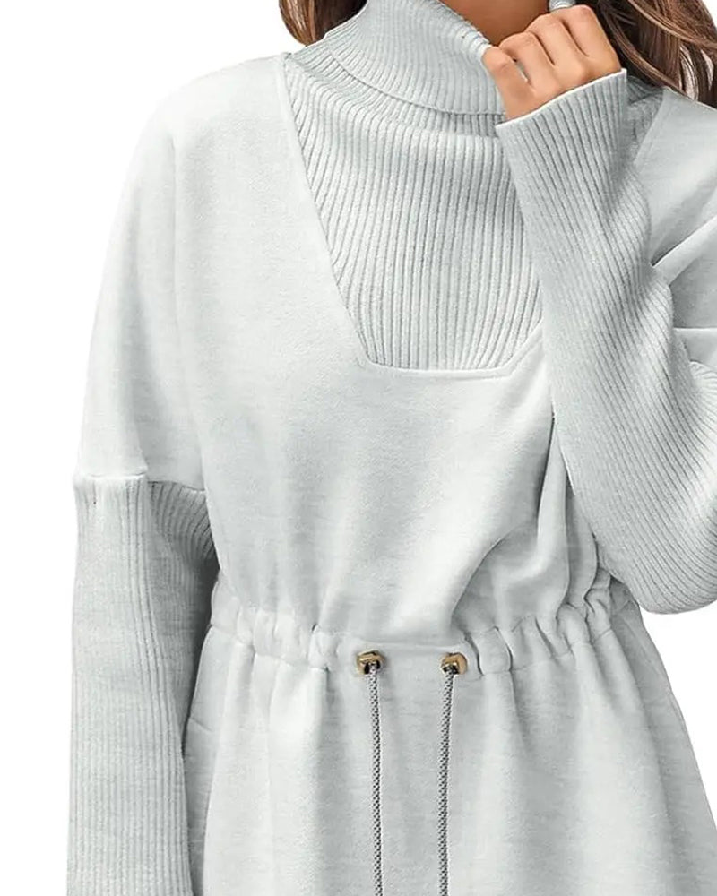 High Collar Long Sleeve Waist Drawstring Sweatshirt