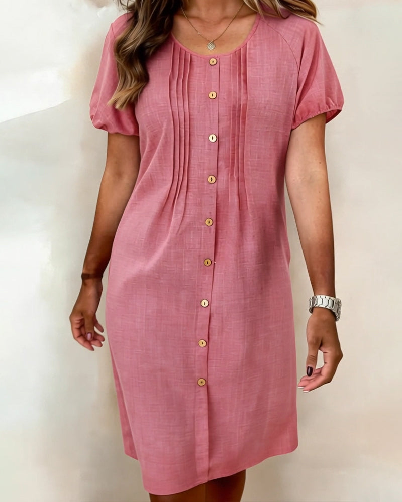 Buttoned Pleated Puff Sleeve Dress