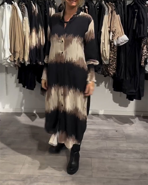 Lantern Sleeve Buttoned Ink Painting Shirt Dress