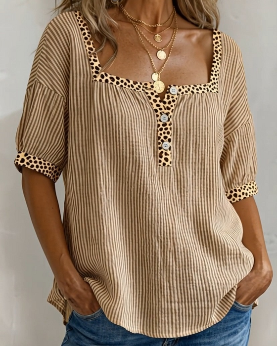 Square Neck Short Sleeve Leopard Print Blouse