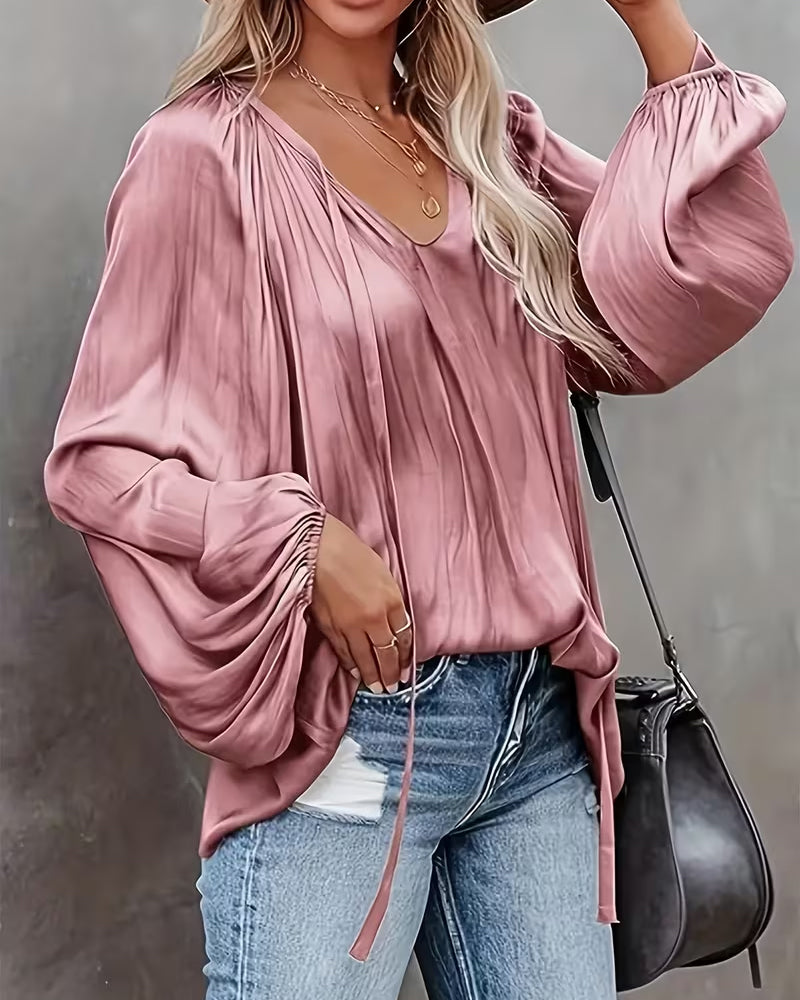 Lace-Up Solid Color Blouse