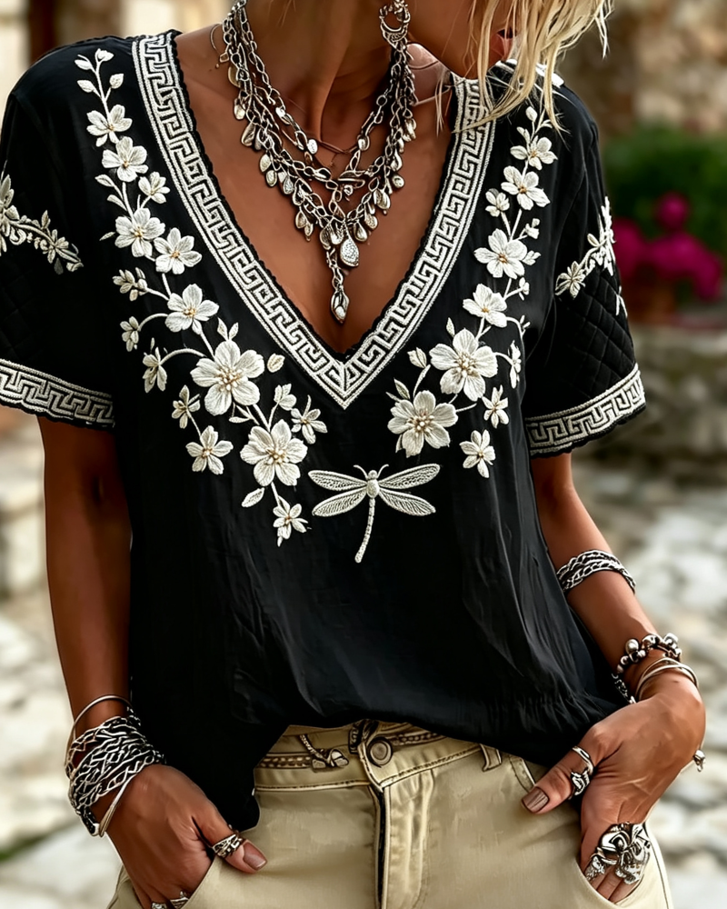 V-Neck Short-Sleeved Printed Blouse