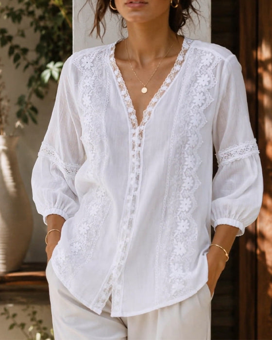 V-Neck Solid Color Blouse