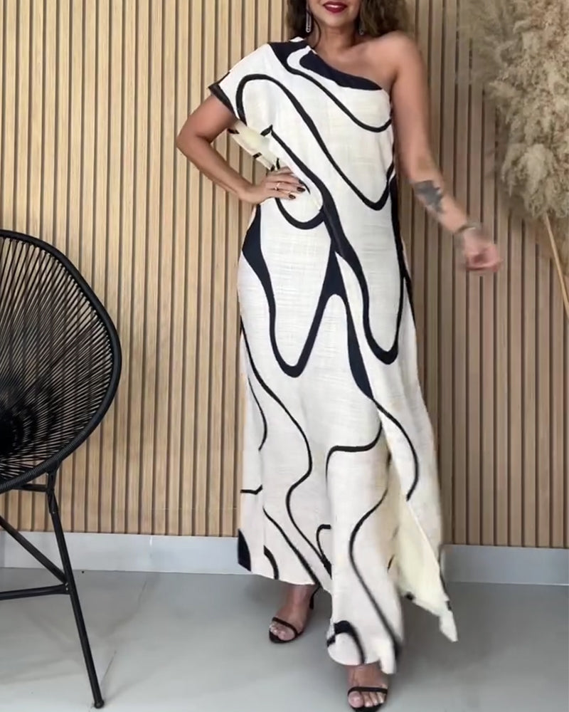 Ruffled Off-Shoulder Geometric Print Fashion Dress