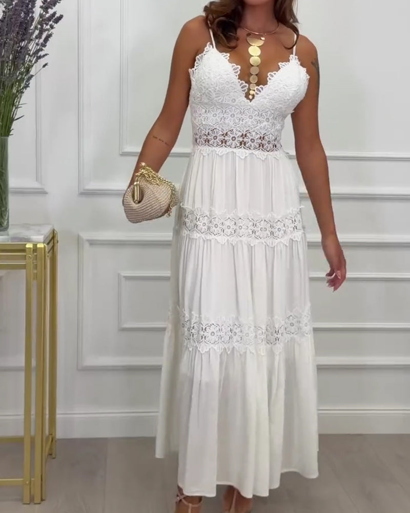 Lace Patchwork Spaghetti Strap V-Neck Dress