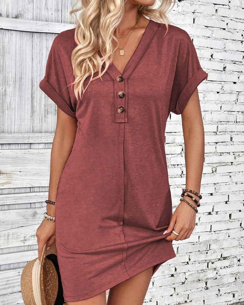 Versatile Buckle V-Neck Dress
