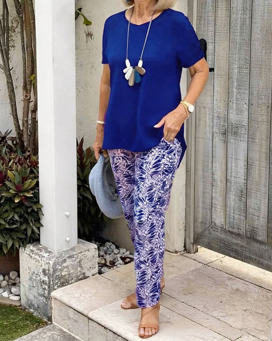 Solid Color Print Casual Set