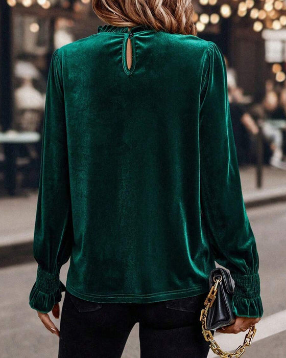 Ruffled Velvet Long Sleeve Top