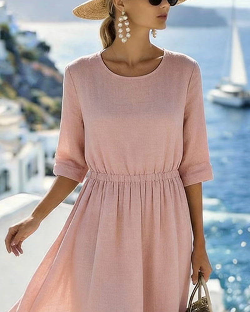 Half Sleeve Round Neck Waist A Hem Dress