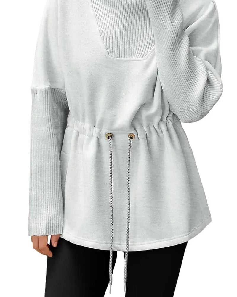 High Collar Long Sleeve Waist Drawstring Sweatshirt