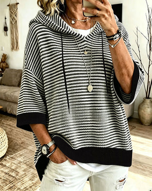 Striped Hooded Batwing Sleeve Pullover