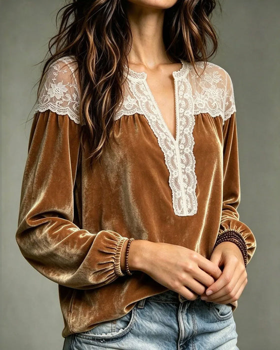 V-Neck Lace Panel Long-Sleeved Top