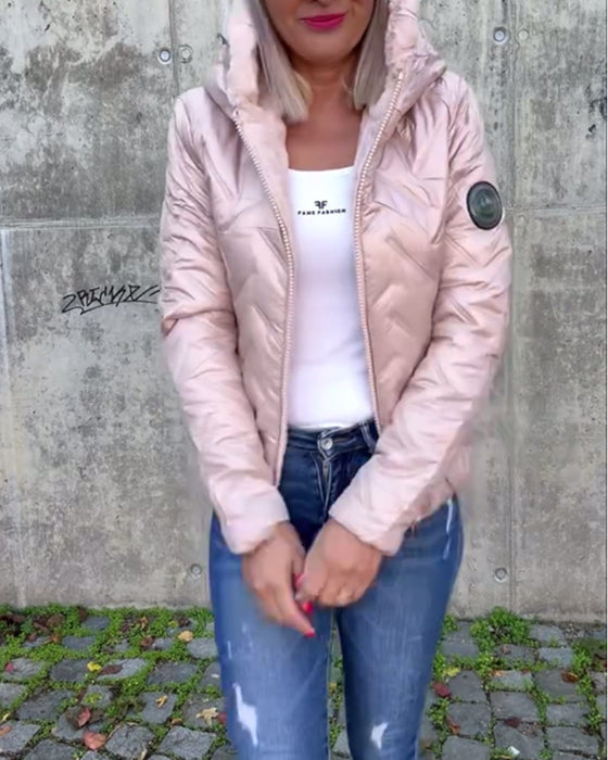 Casual solid color zipper hooded padded jacket