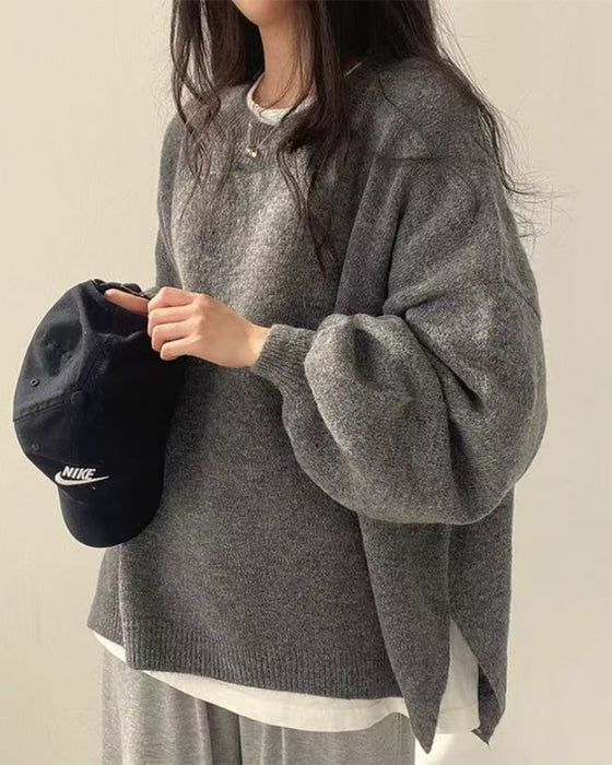 Crew Neck Side Slit Pullover
