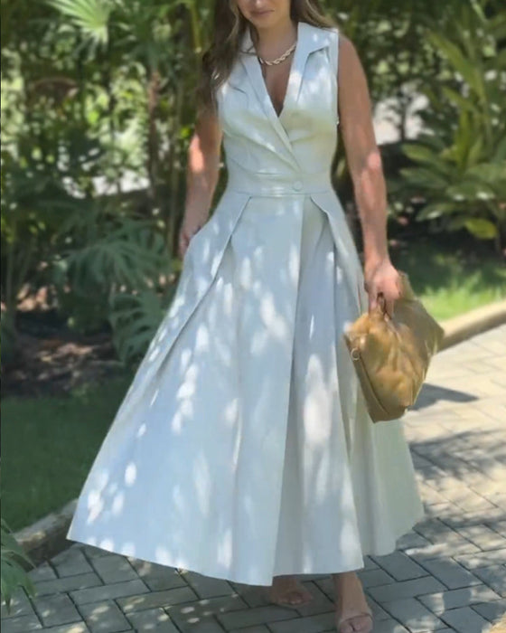 Sleeveless lapel elegant solid color dress