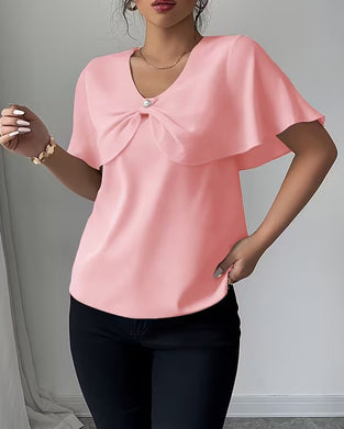 Solid Color Bow V-Neck Blouse