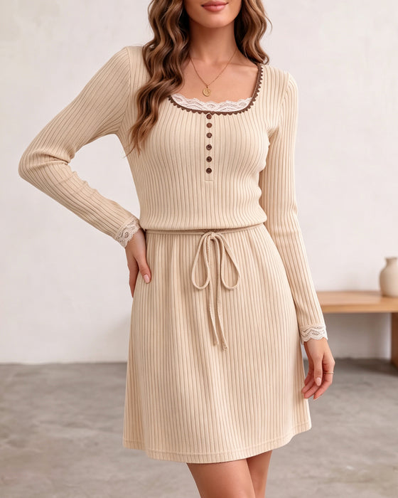 U-Neck Lace Button Drawstring Ribbed Dress