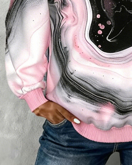 Lapel Button Printed Long Sleeve Sweatshirt