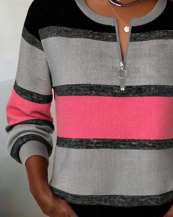 Zip Striped Long Sleeve Sweatshirt