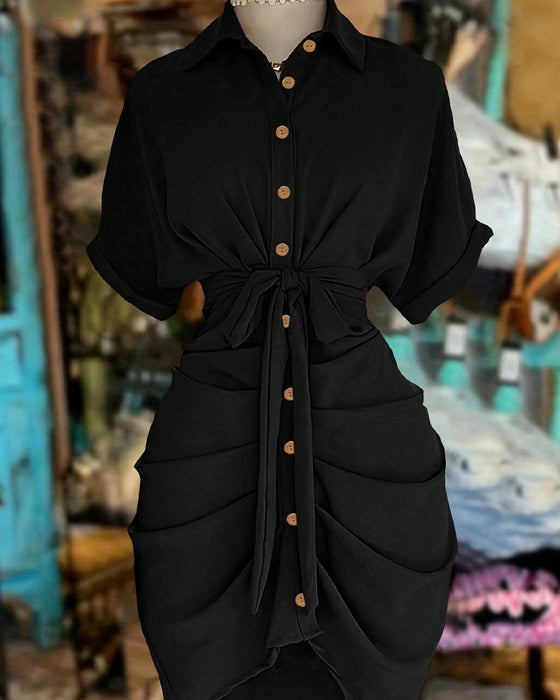 Tie Button Pleated Shirt Collar Dress