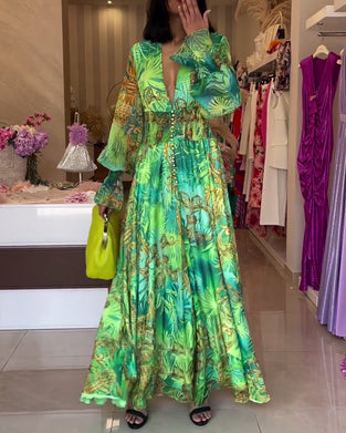 Deep V waisted high-end printed dress