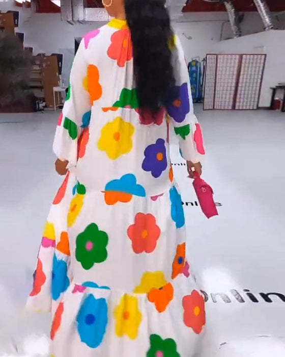 Colorful flower print bell sleeve casual dress